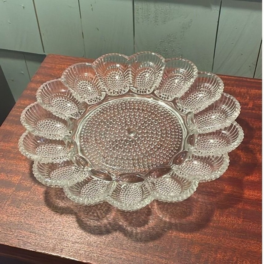 Vintage Clear Pressed Glass Hobnail Deviled Egg Platter Round‎ 15 Slot Tray 11in